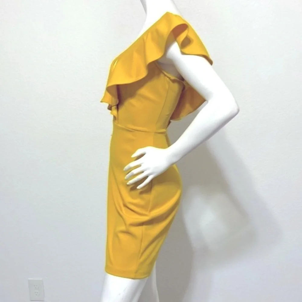 Symphony NEW Mustard Yellow Bodycon Ruffle Mini Dress Size L - Picture 3 of 9